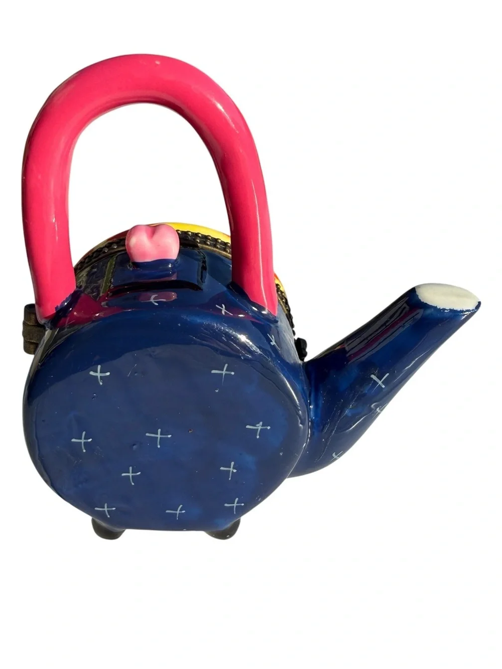 Vintage Whimsical Teapot Trinket Box Hinged Ceramic Jewelry Keepsake Colorful 4”